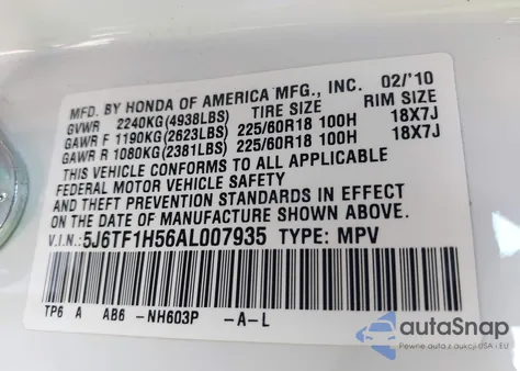 2010 Honda Accord Crosstour Ex-L из США, поврежденный, VIN 5J6TF1H56AL007935